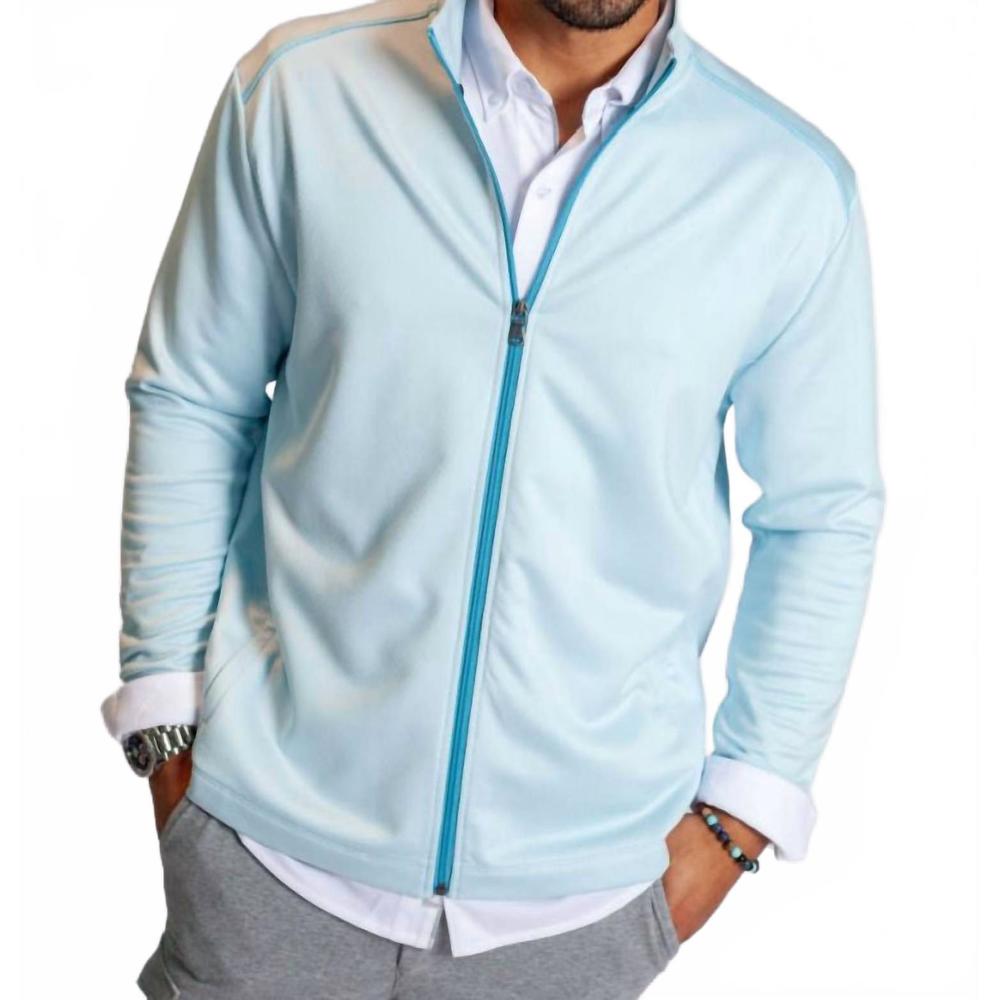 NEW BUKI destination collection full zip tech jacket in chambray blue